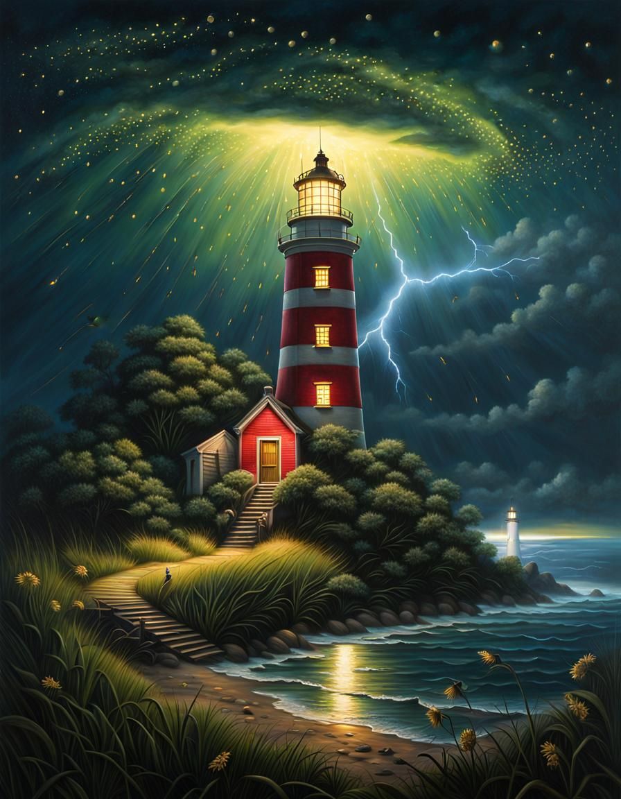 Fireflies Circle Lighthouse in Electric Storm