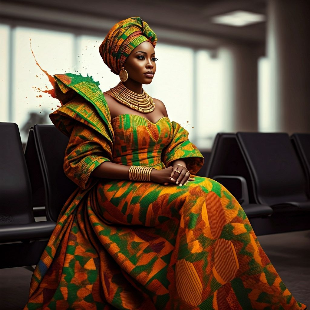 Ghanaian Woman in Kente Gown at Airport, Hyperrealistic Styl...