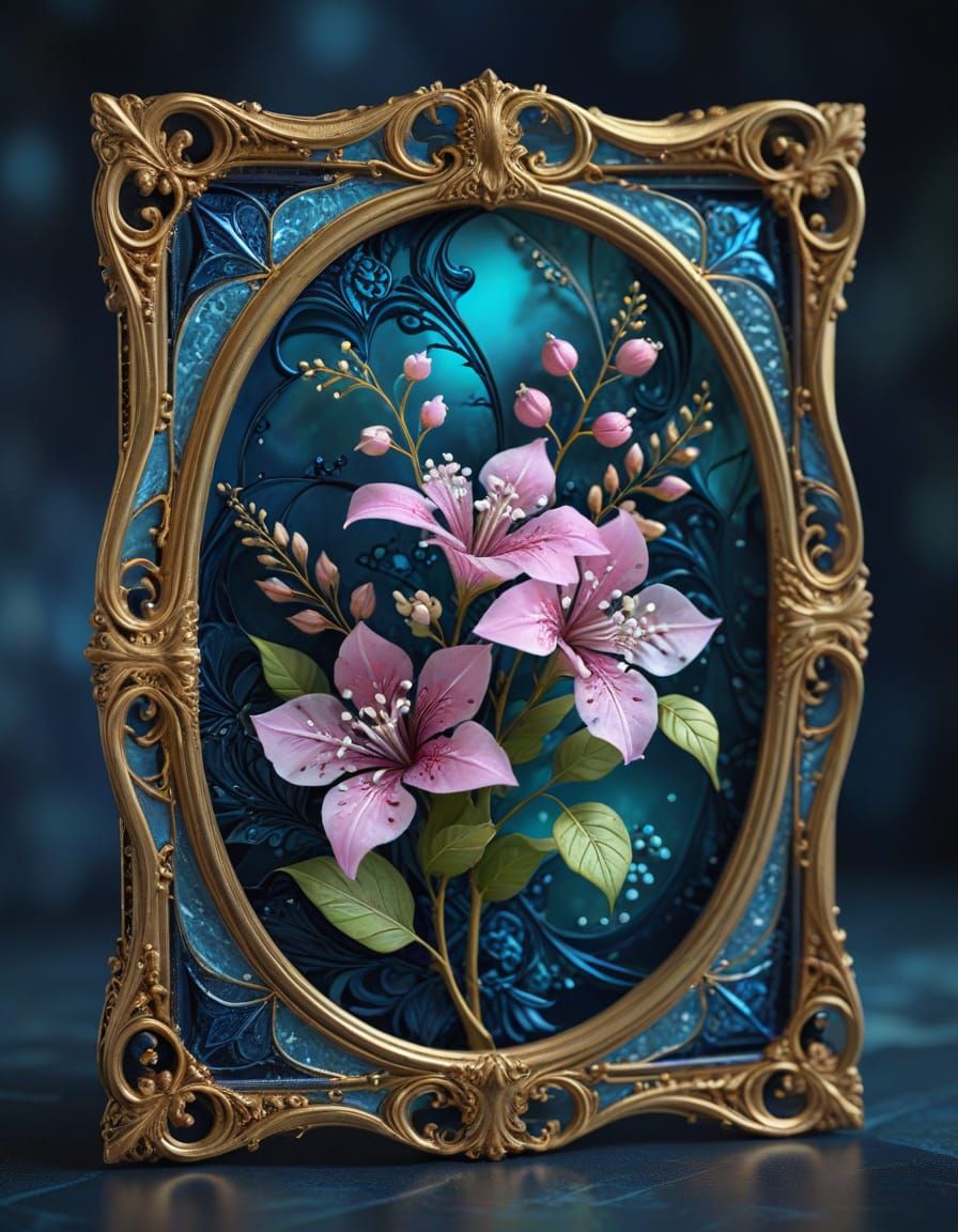 Stained-Glass Larkspur Bouquets in Opulent Victorian Frame