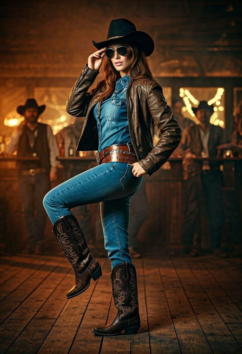 Cowgirl Dancing in Saloon with Boots and Stetson