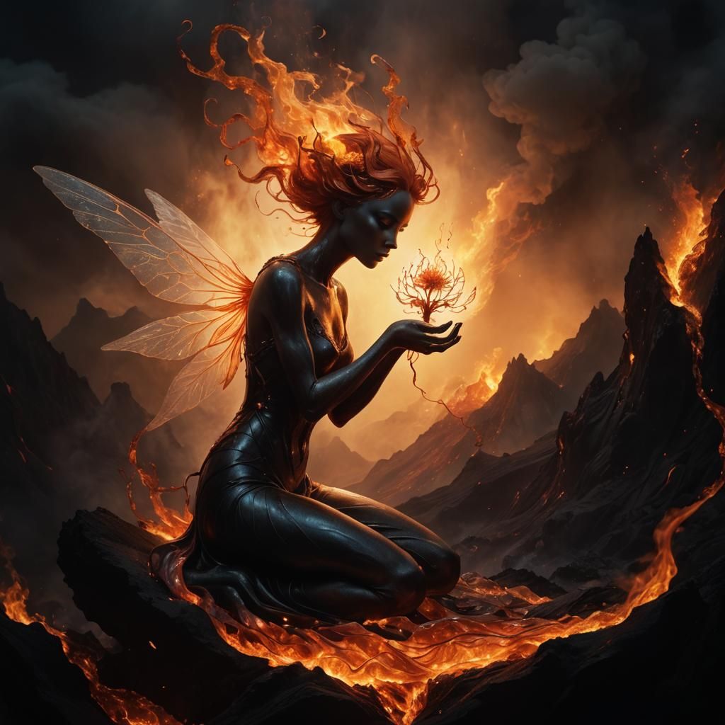 a delicate, translucent winged woman with skin like polished...