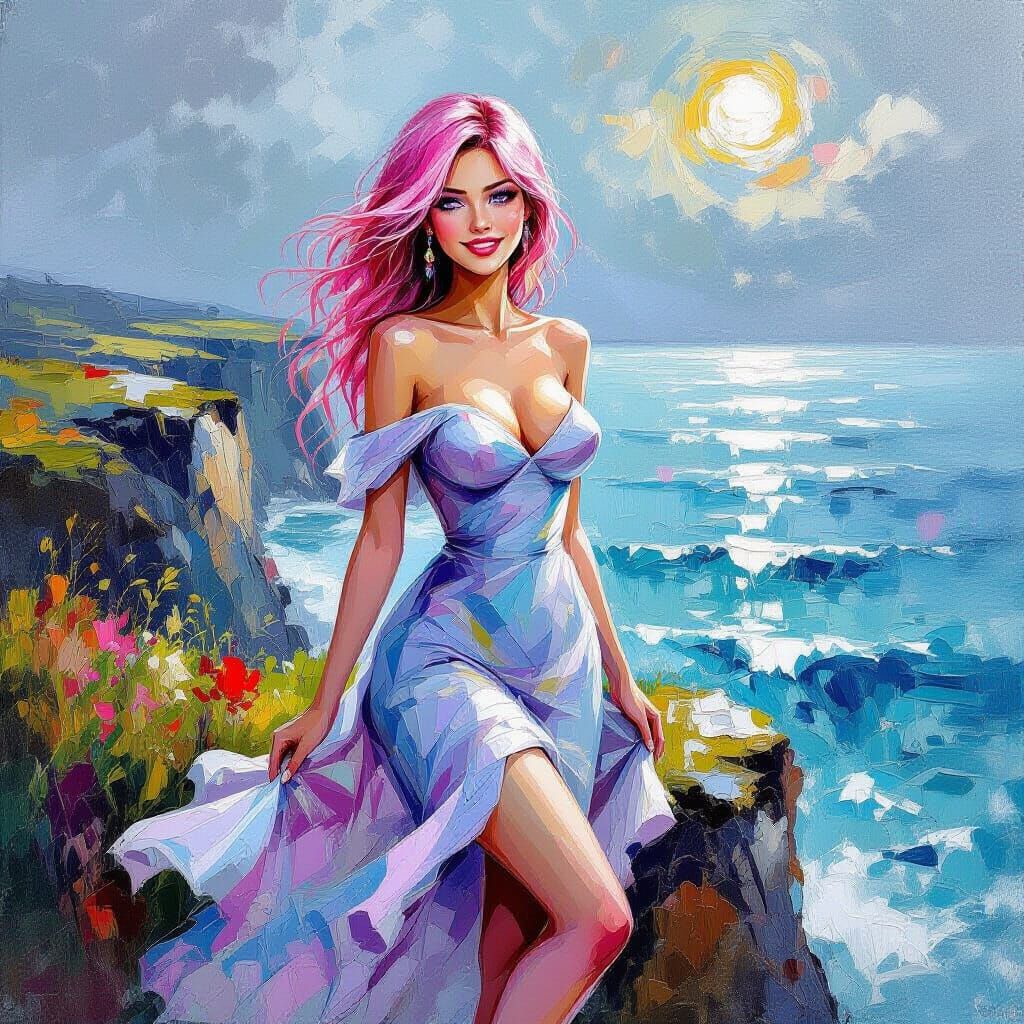 Pink Haired Woman on Rainy Cliff, Neo-Impressionist Style