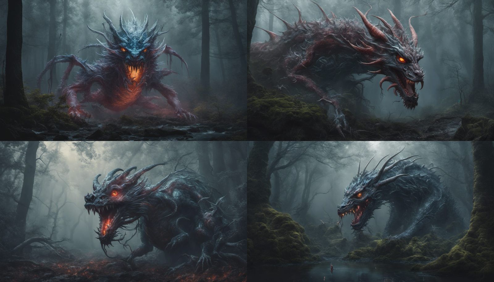 giant  clear murano glass monster, hybrid of dragon and spider, in dark dense foggy forest  detailed matte painting, dee...