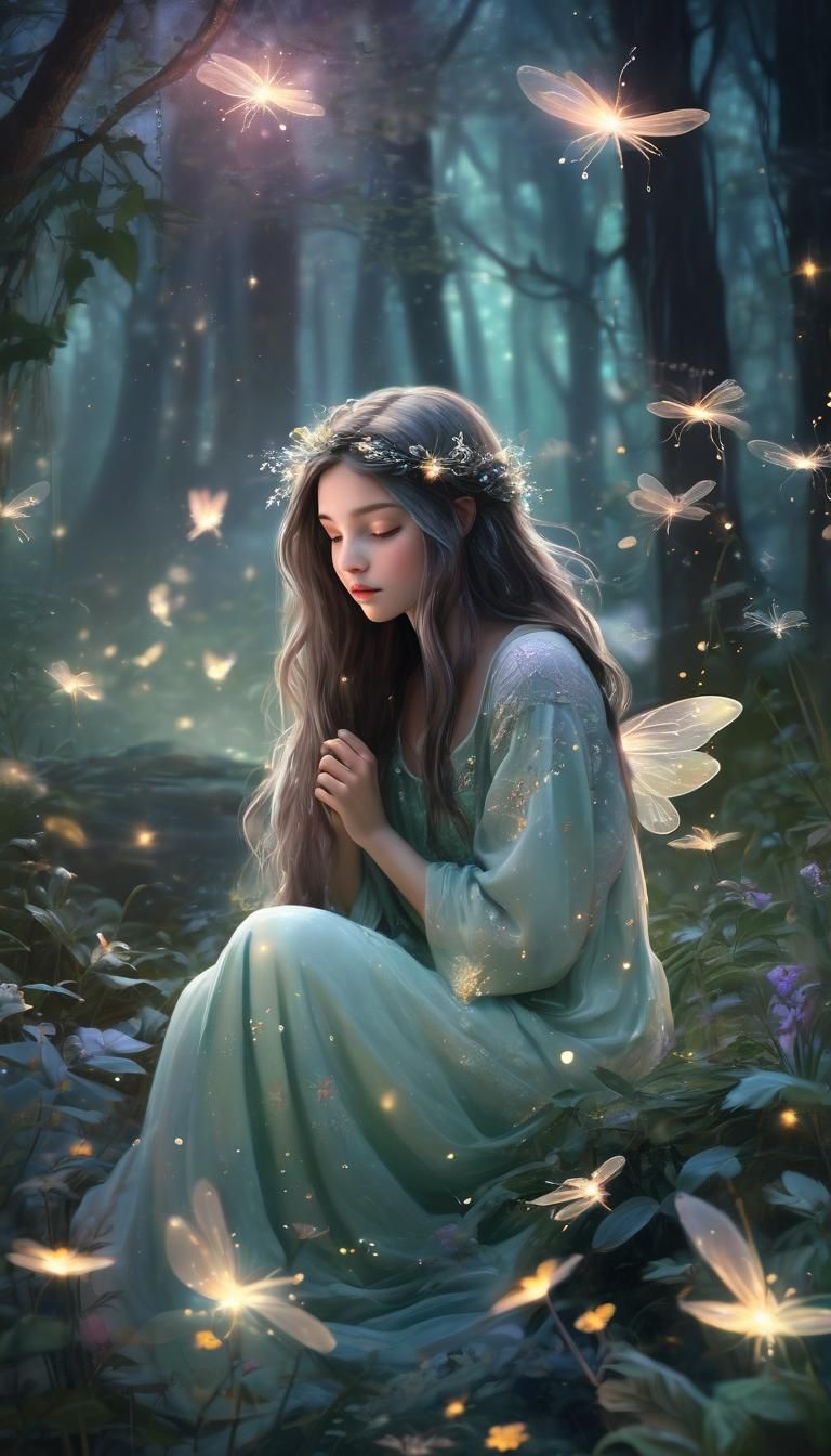 Mythical creature snuggling with delicate, luminescent firef...