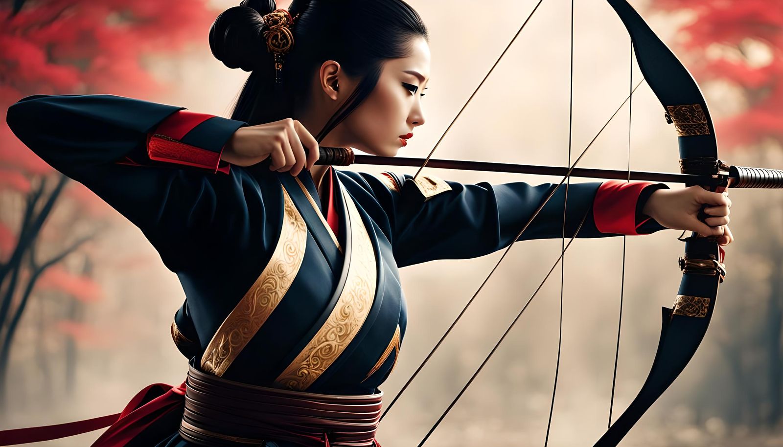 Japanese Archer in Sakura Forest: Detailed Matte Painting