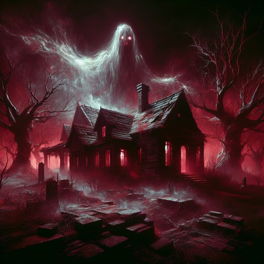 Macabre Cottage with Ghostly Apparition in Crimson Moonlight