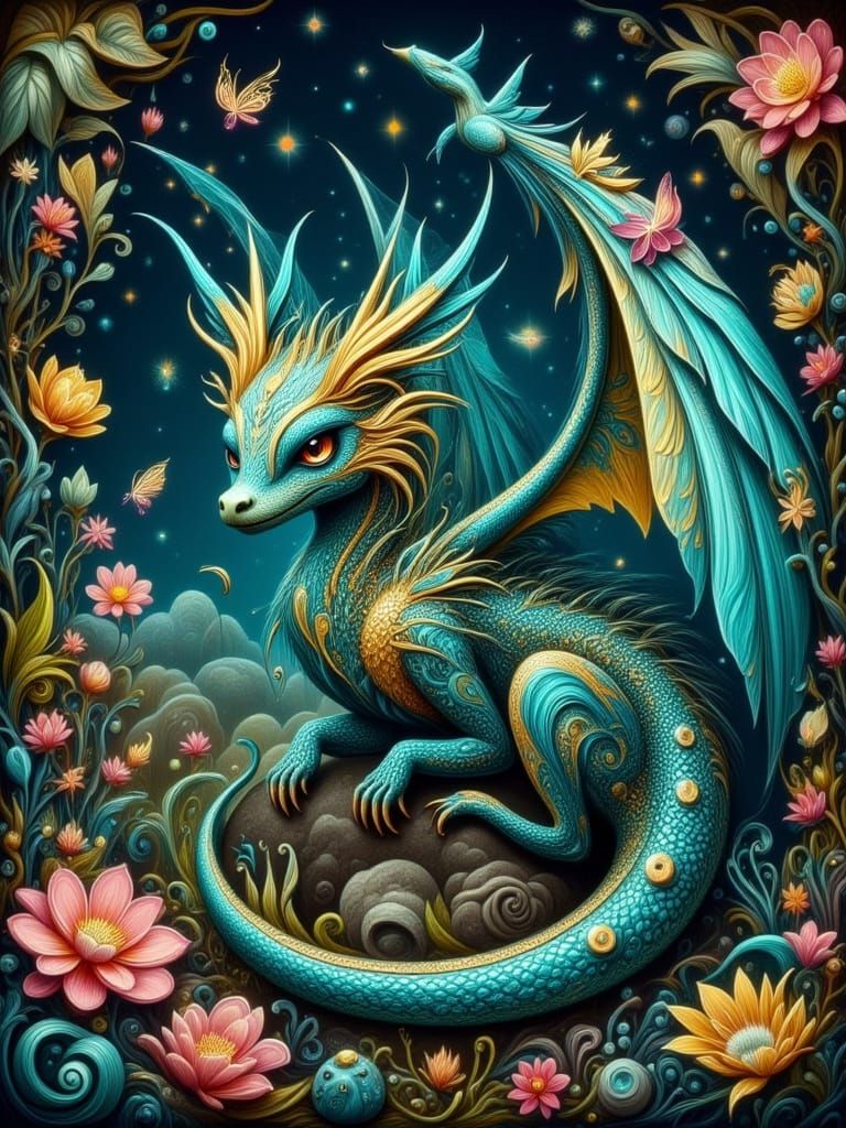 Glorious Dragon in Psychedelic Garden with Mystical Wings