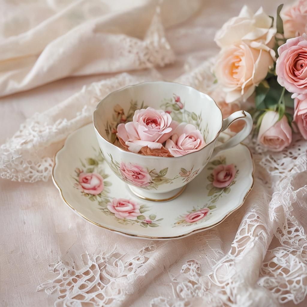 Delicate Rose Teacup Watercolor Close-Up