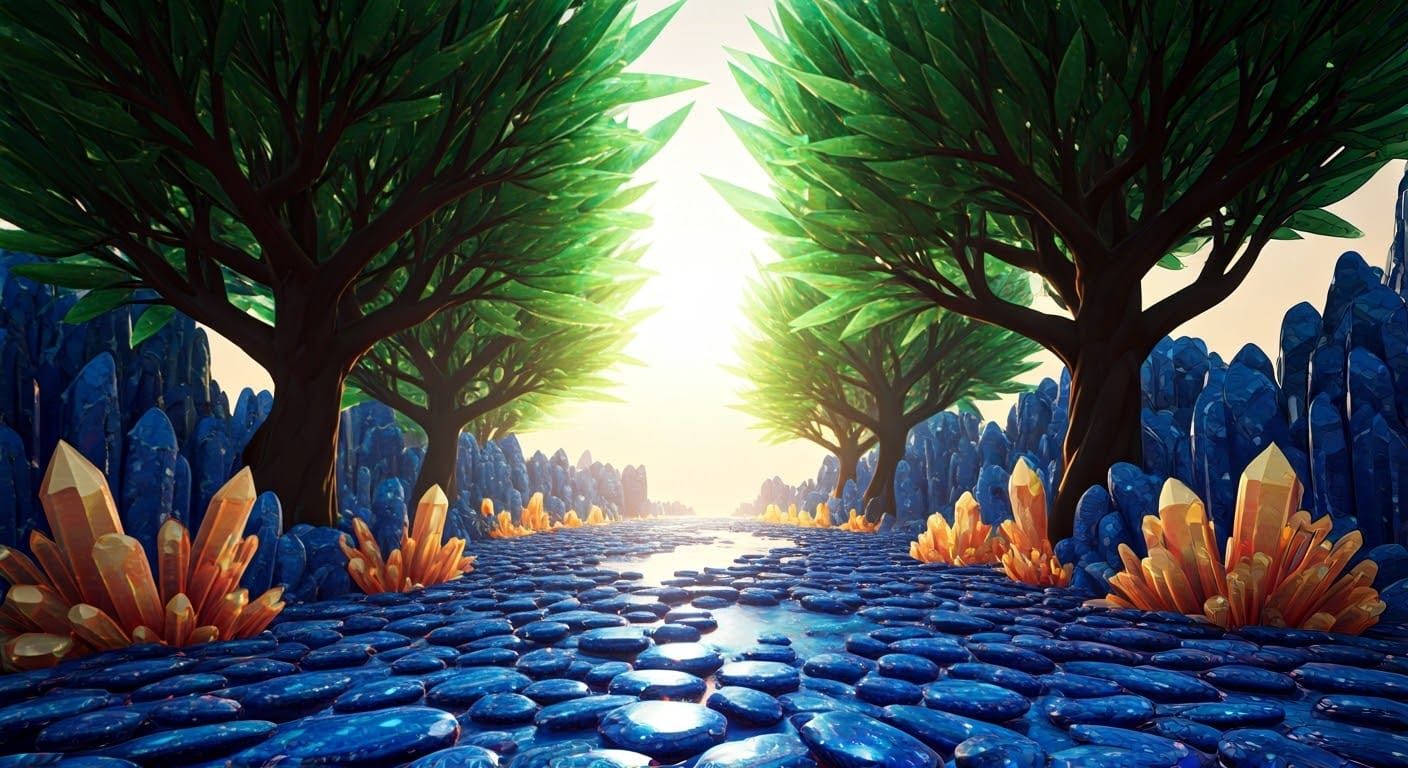 Iridescent Sapphire Gemstone Landscape with Glowing Emerald....