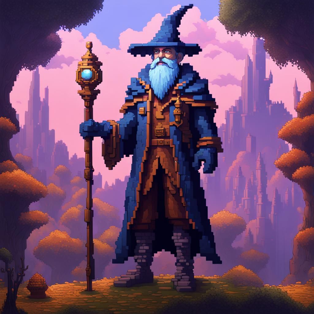 Pixel Art Wizard Man in Detailed Matte Painting