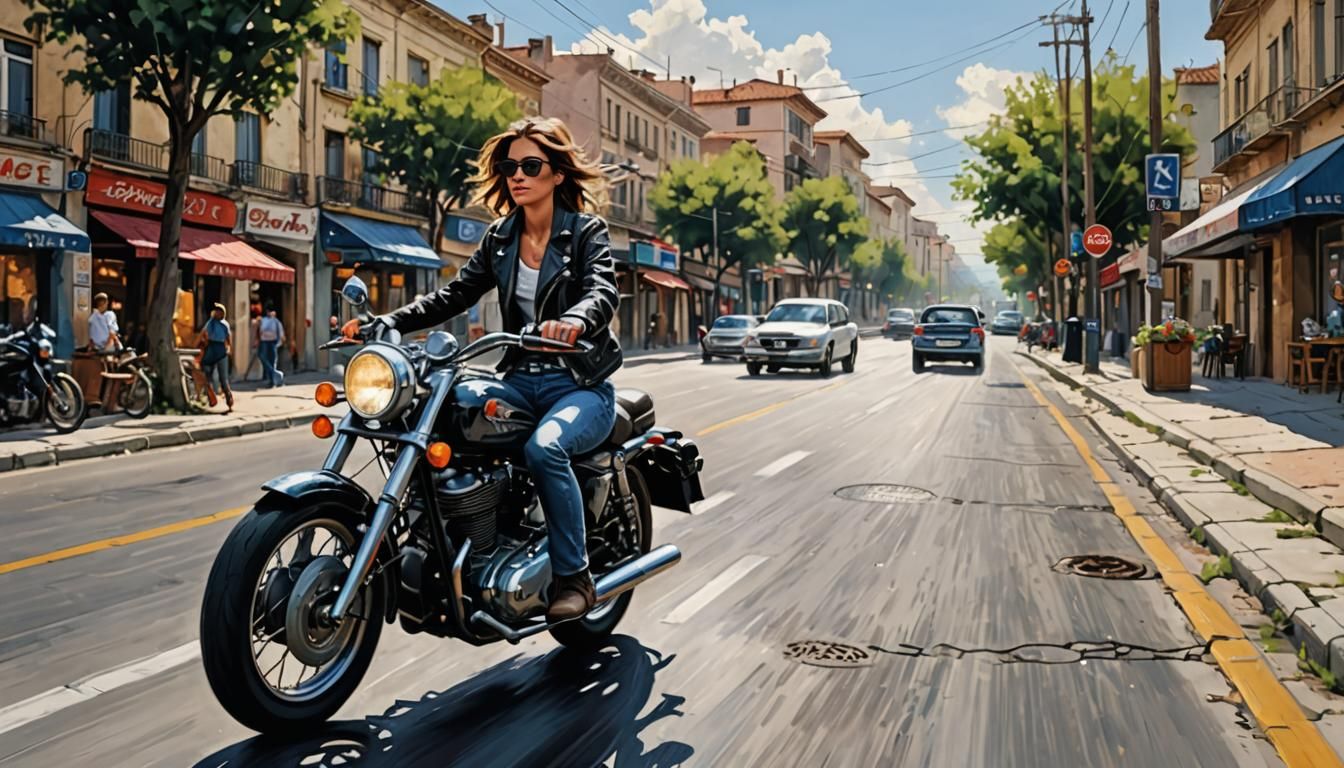 Woman on Motorcycle on Route 66 in Impressionistic Style