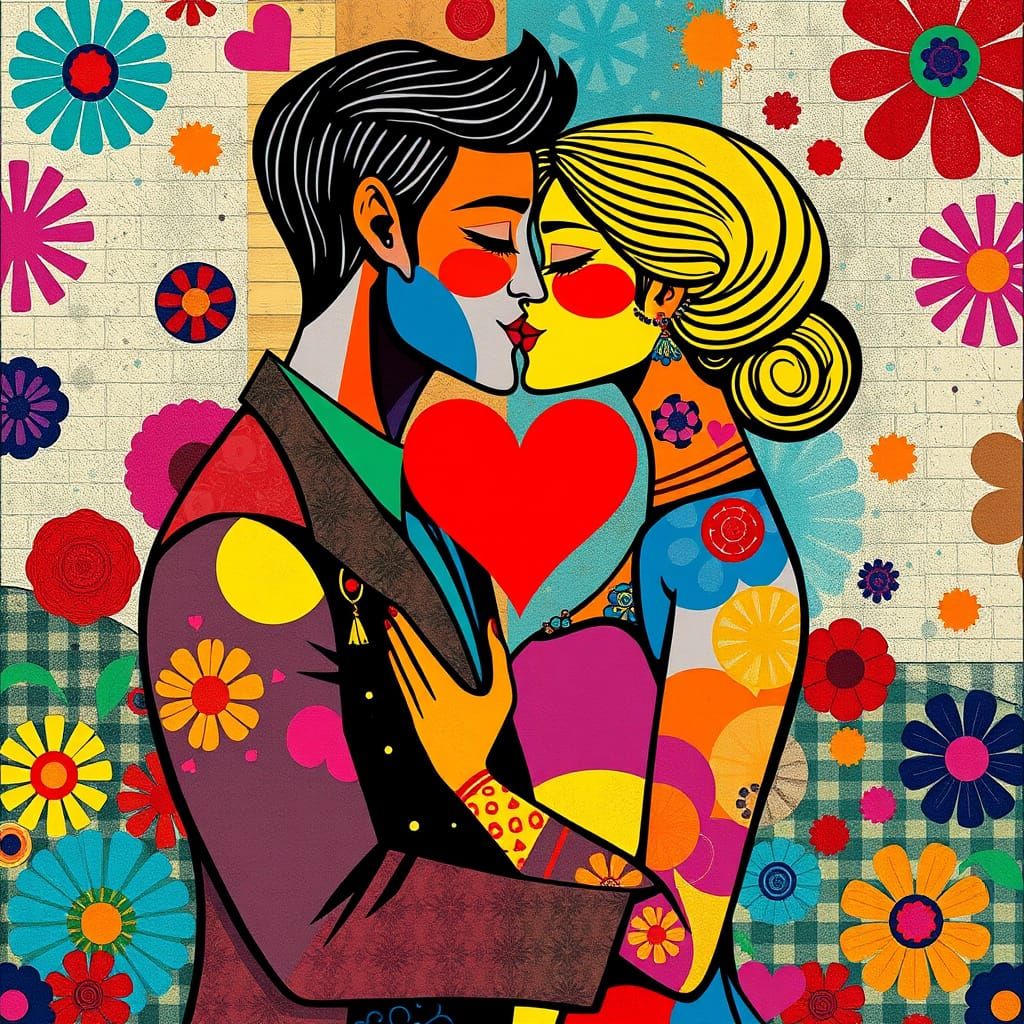 Stylized Couple in Vibrant Kiss, Red Heart Symbol, Mosaic Pa...