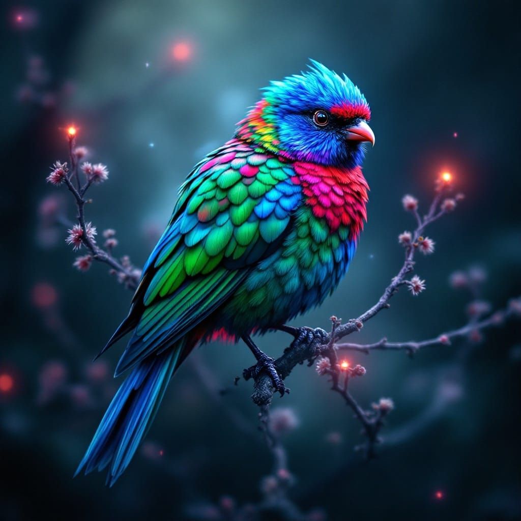 Emerald Sapphire Ruby Bird in Mystical Aura