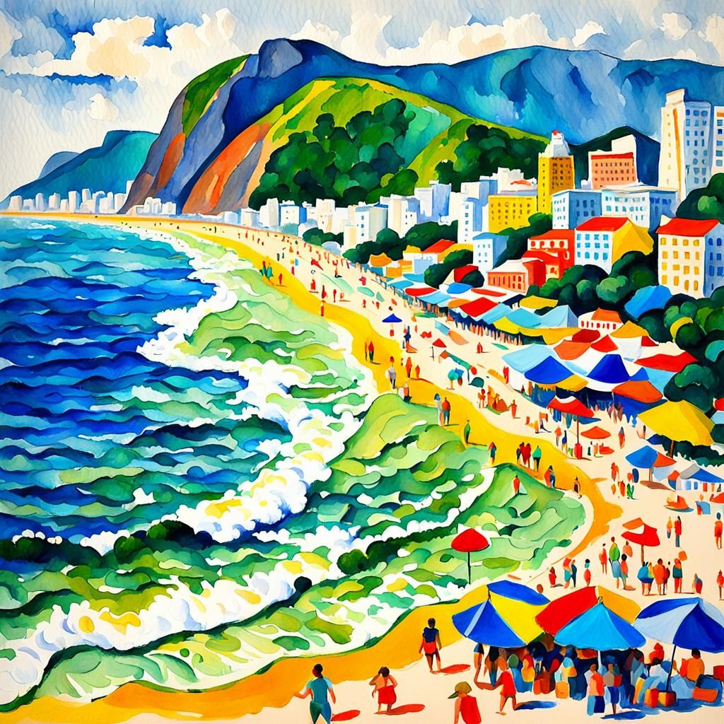 Copacabana Beach Aerial View in Gouache Style