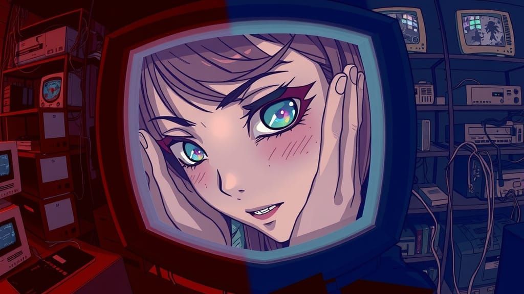 Anime Girl Emerge from Retro Monitor in Cyberpunk Style
