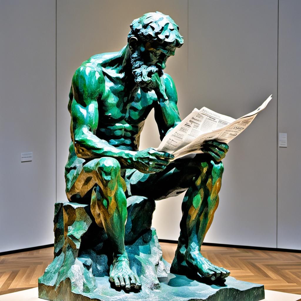 Le Penseur by Rodin reading the newspaper