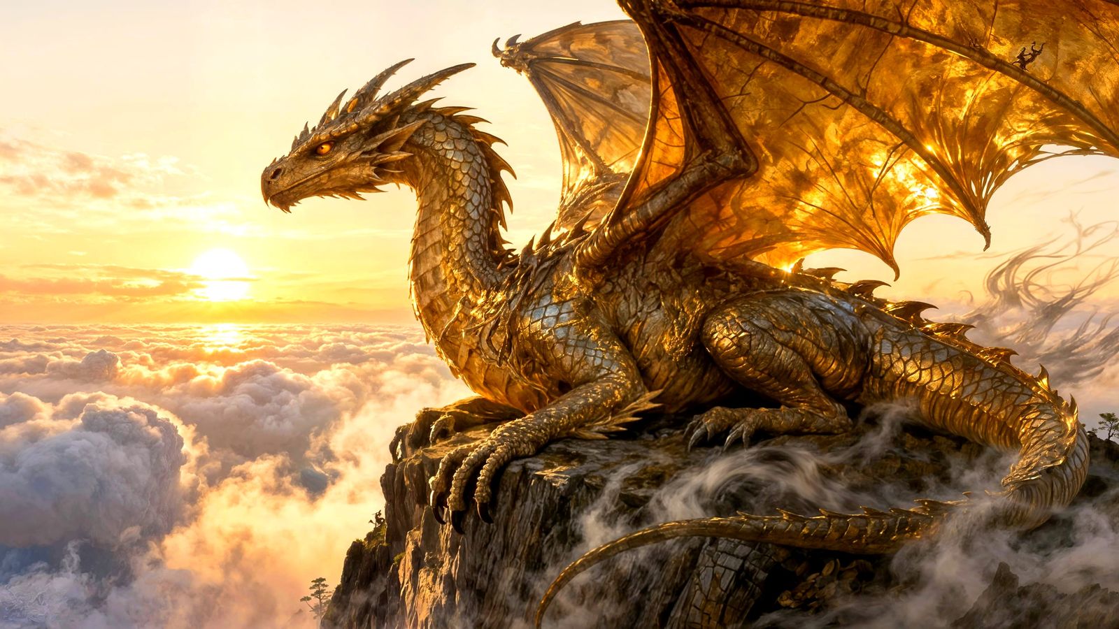 Majestic Dragon on Cliff at Dawn, Fantasy Art