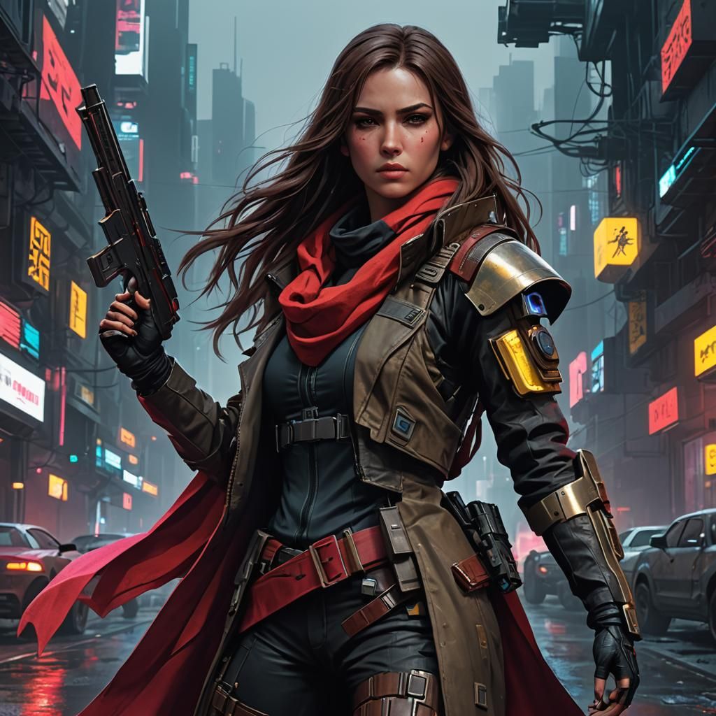 Cyberpunk Sniper with Red Scarf in Neon City