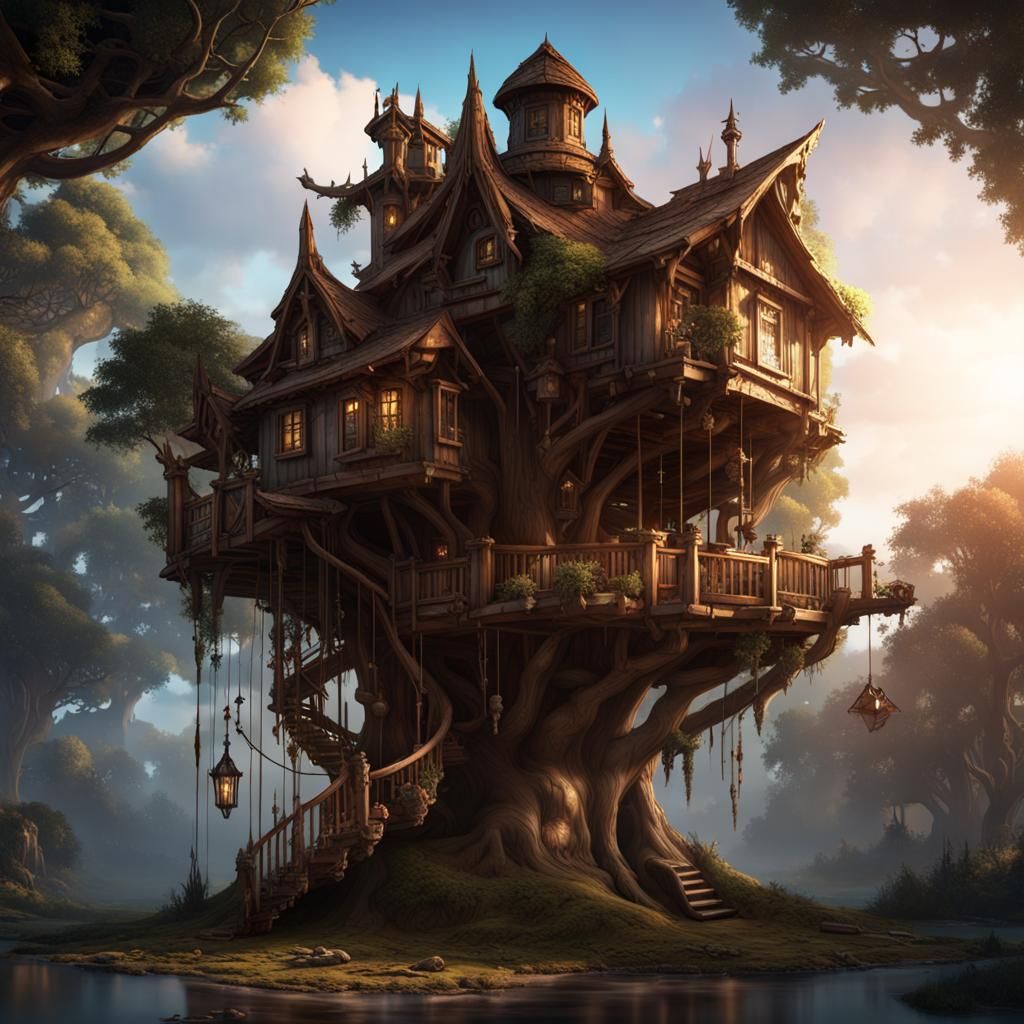Fantasy Treehouse Concept Art in Dark Fantasy Style