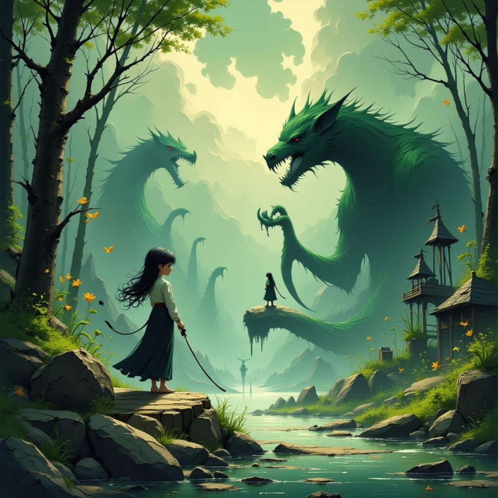 Anime Huntress Battles Monsters in Ghibli Style