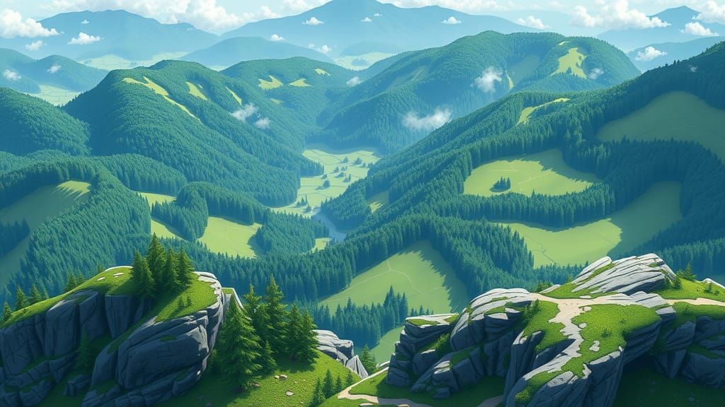 Isometric Mountain Top View in Anime Style