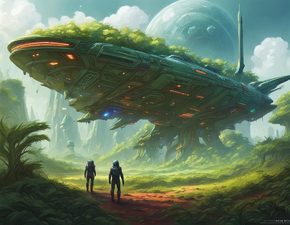 Spaceship Landing on Green Alien World: Xianxia Art