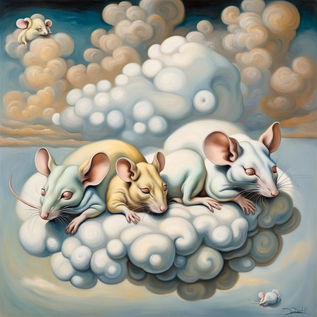 a pastle colored mice  sleeping on a white cloud