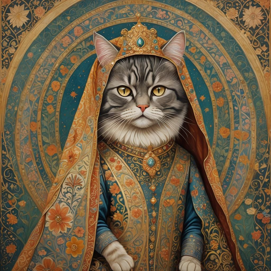 Dreamlike Persian Cat-Woman Portrait in Art Brut Style