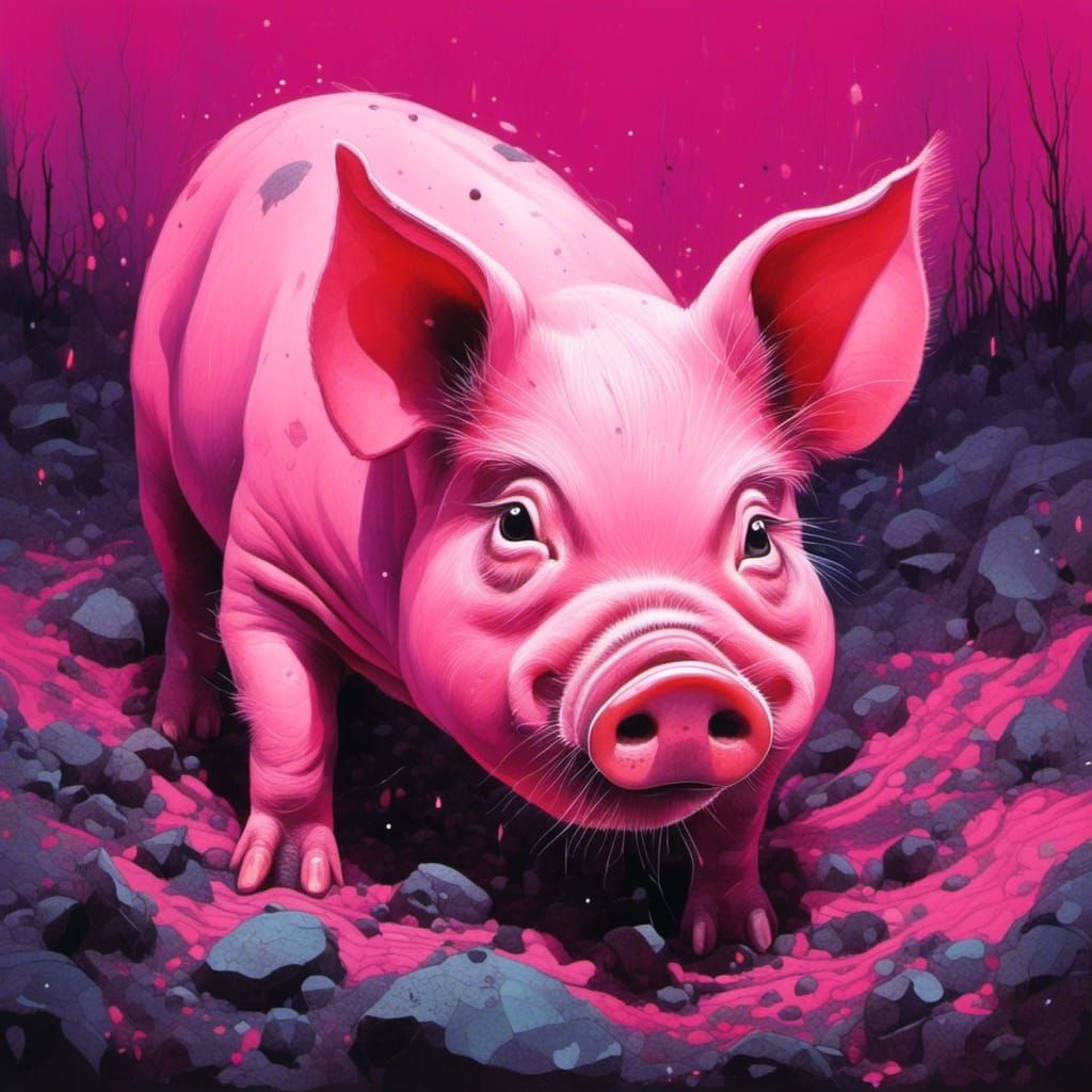 Joyful Pink Pig Playing in Mud, Cel-Shaded Style
