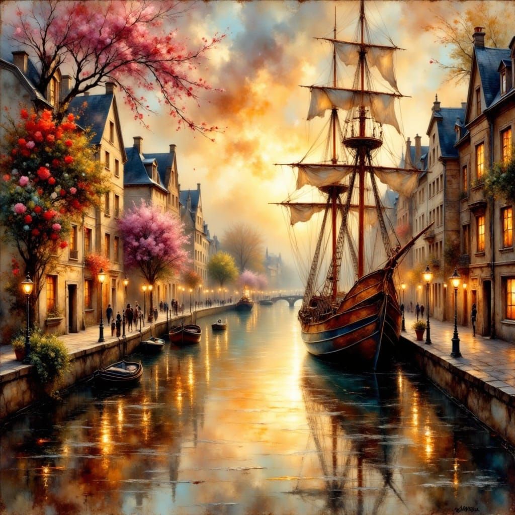 Galleon on Canal at Sunset, European Town