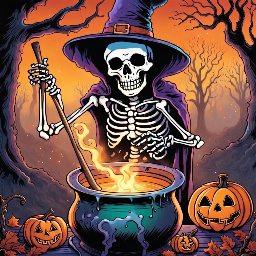 Spooky Skeleton Stirring Cauldron in Halloween Scene
