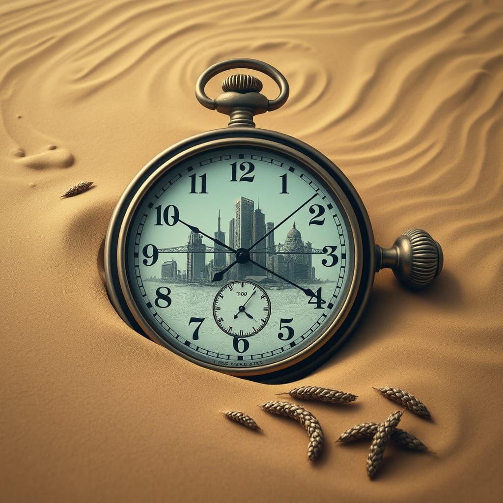 A colossal, antique pocket watch lies half-buried in a deser...