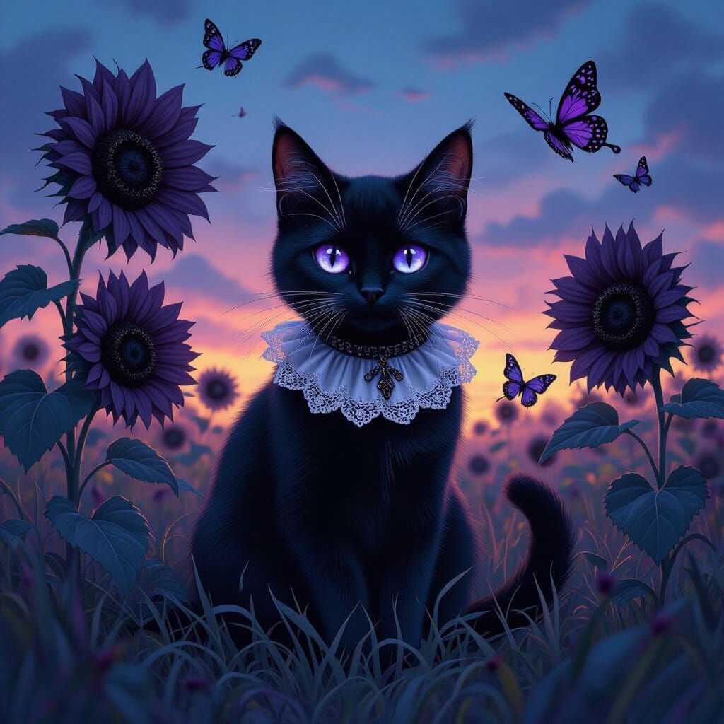 Emo Cat with Purple Eyes & Gothic Sunflowers
