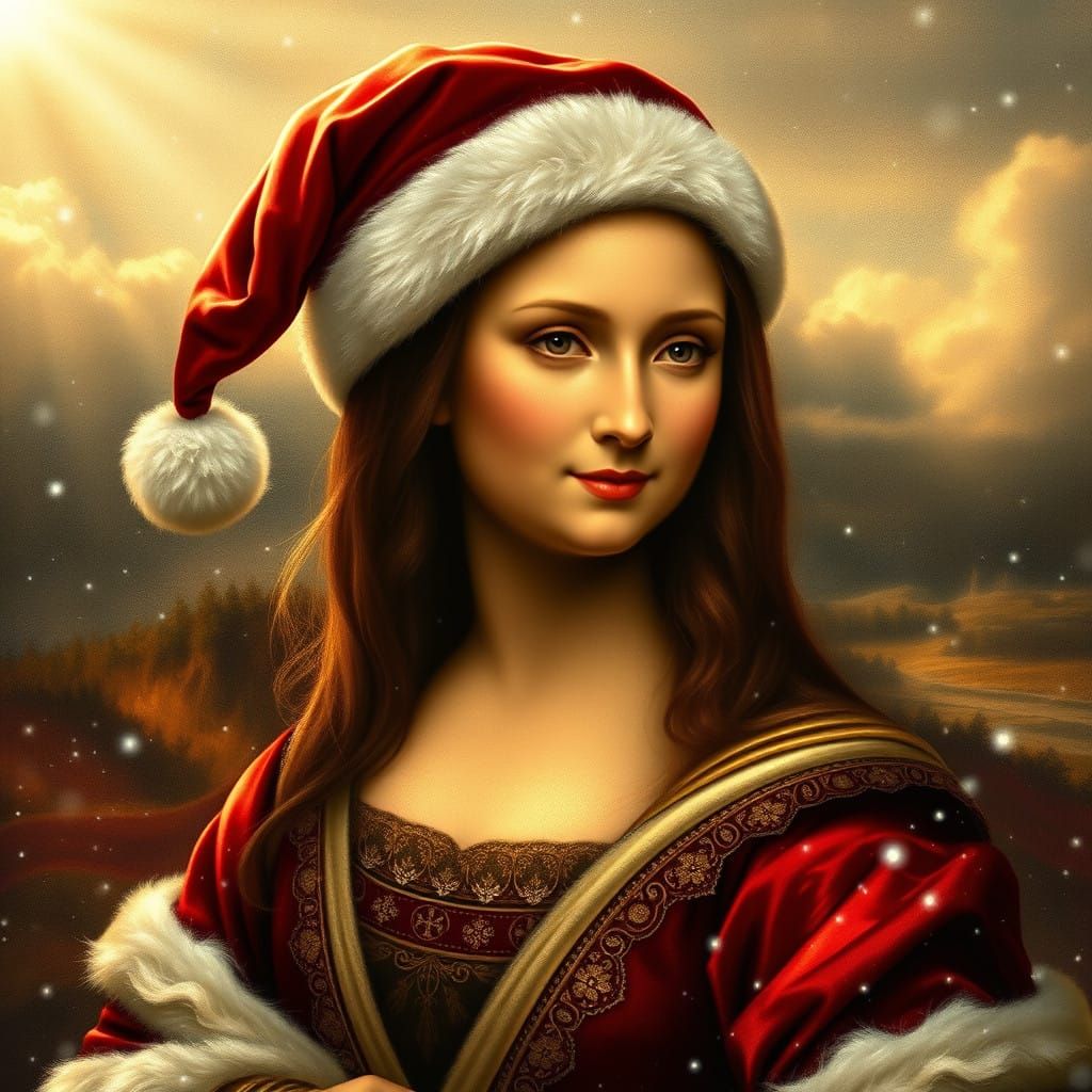 Regal Mona Lisa in Crimson Santa Robes Amidst Whimsical Snow...