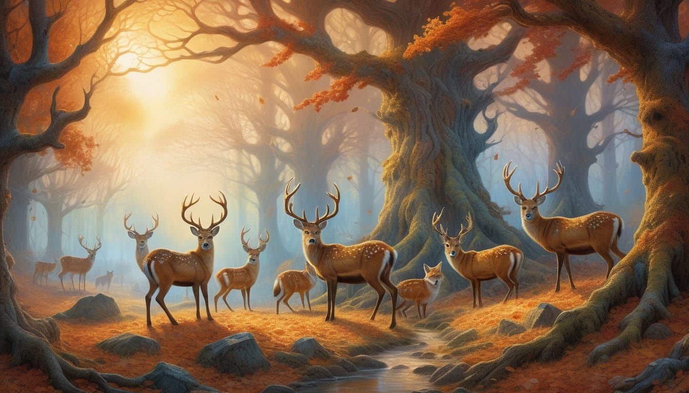 Deer and Foxes in Misty Autumn Forest Sunrise