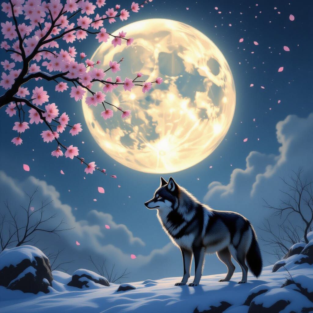 Lone Wolf Under Luminous Moon in Oil Painting Style