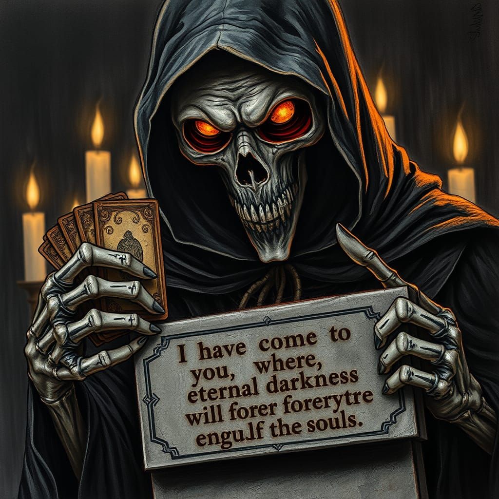 Macabre Death Figure with Flaming Eyes, Charcoal Drawing