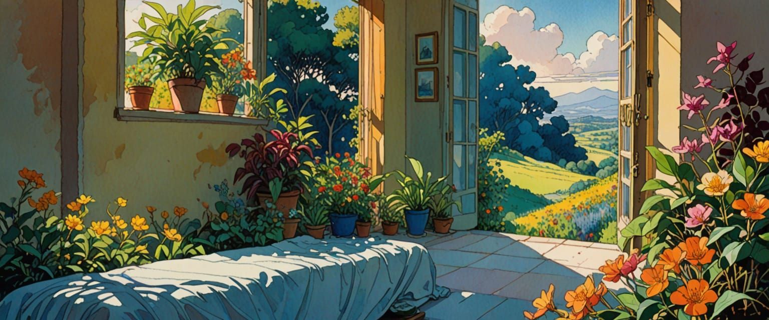 Exotic Plants Under a Watercolor Sky