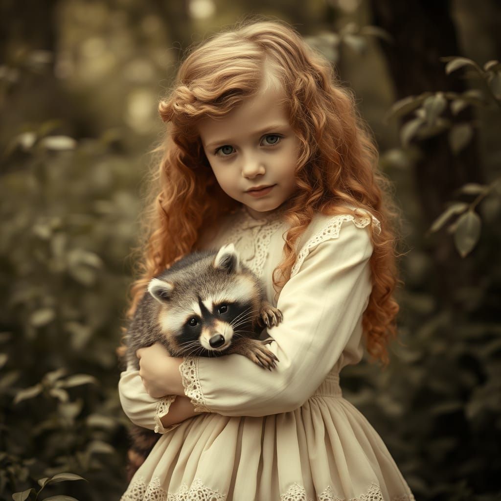 Vintage Sepia Portrait of a Young Girl with Her Raccoon Pet
