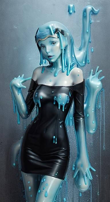 Blue Slime Girl in Black Leather Dress
