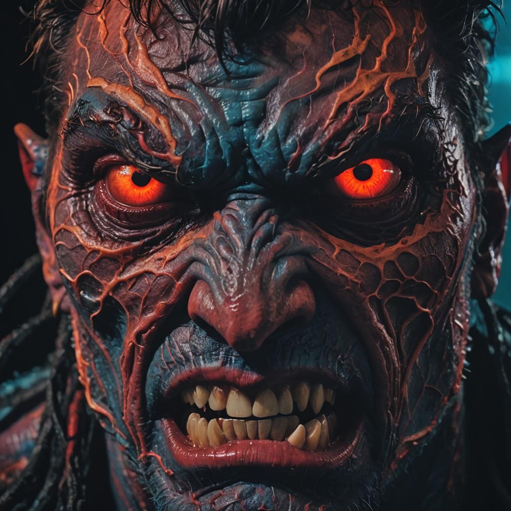 Cinematic Close-Up of a Neon-Lit Horror Monster
