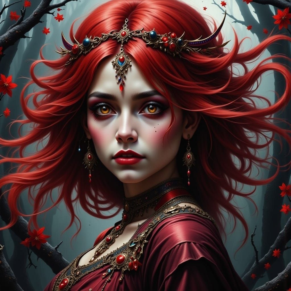 Dark Red Haired Gypsy Woman in Vibrant Bohemian Style