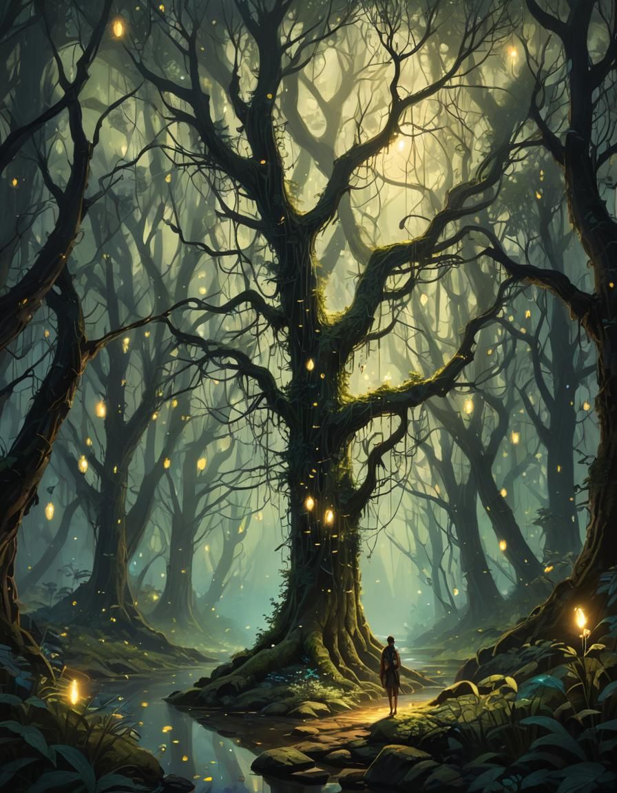 Enchanted Firefly Forest with Ancient Ruins