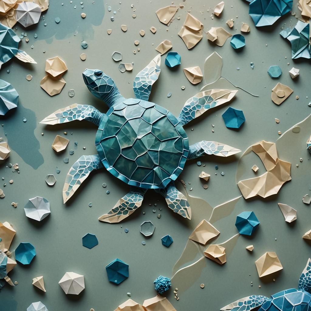 Origami Sea Turtle Swims Polluted Ocean: Papercraft Art
