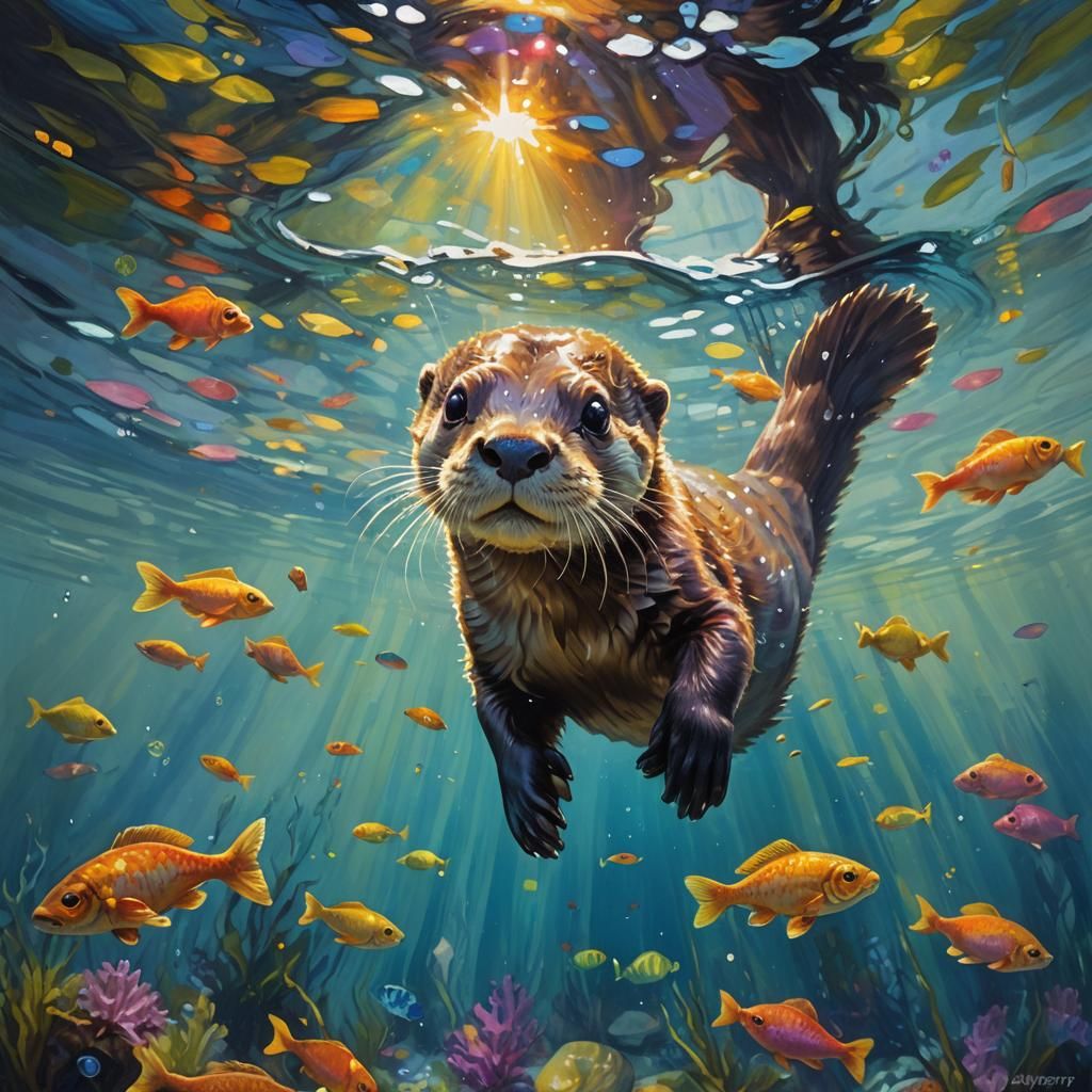 Otter Pup's Underwater Adventure: An Oil Painting