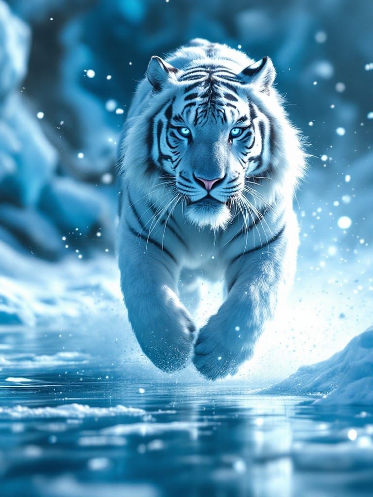 Hyperrealistic White Tiger Charging Through Arctic Landscape