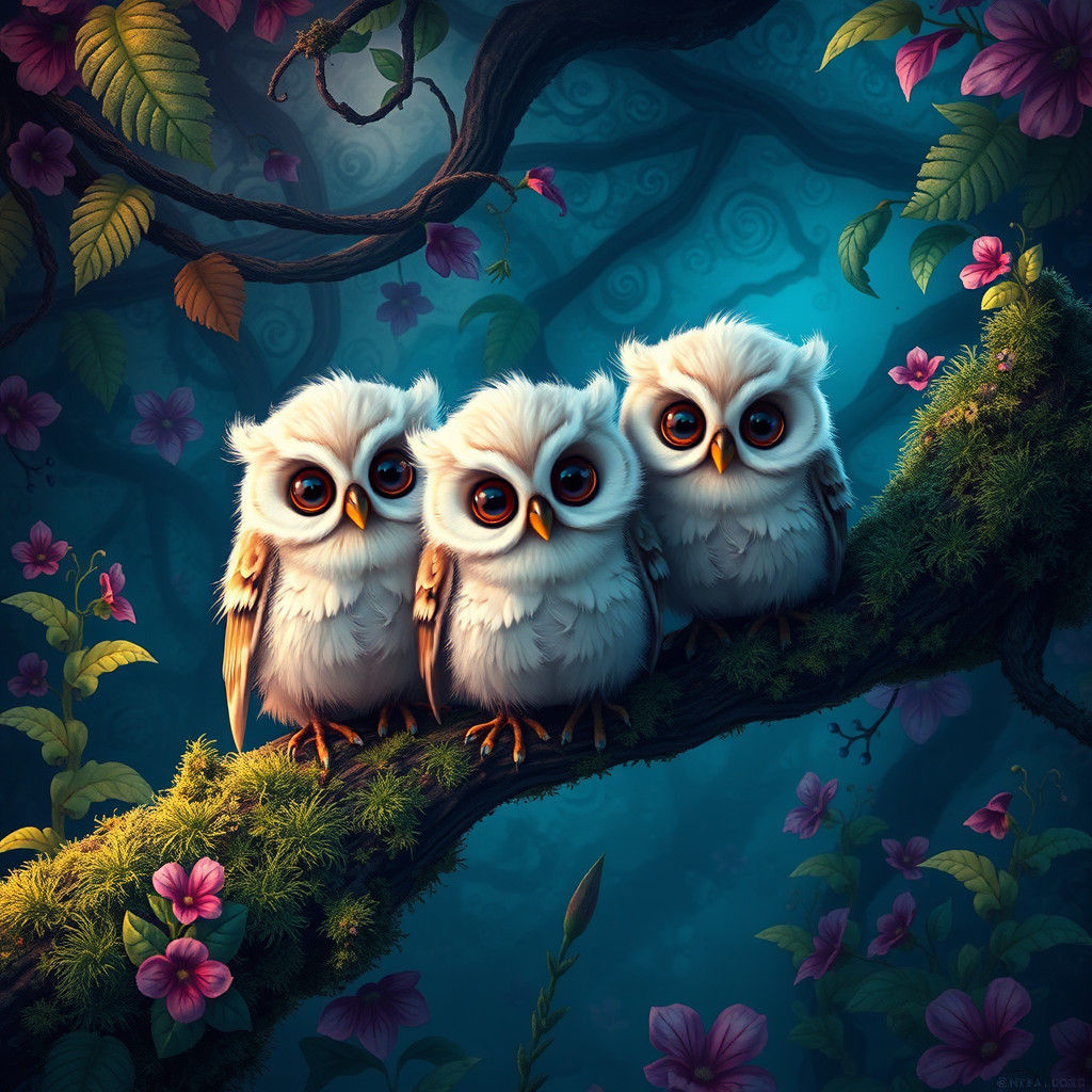 Whimsical Owls in a Fantastical Matte Painting