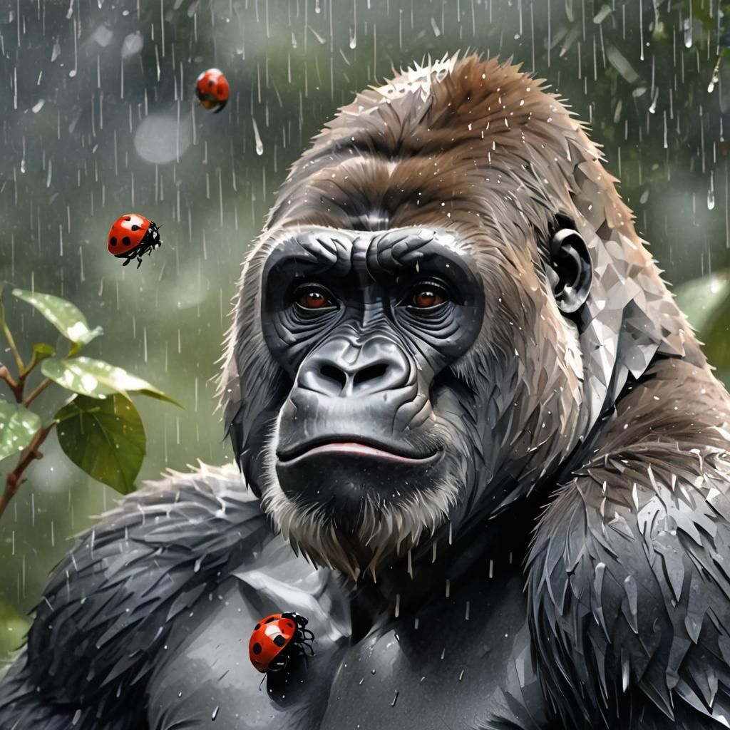 Gorilla Observes Ladybug in Rainy Low-Poly 3D Art