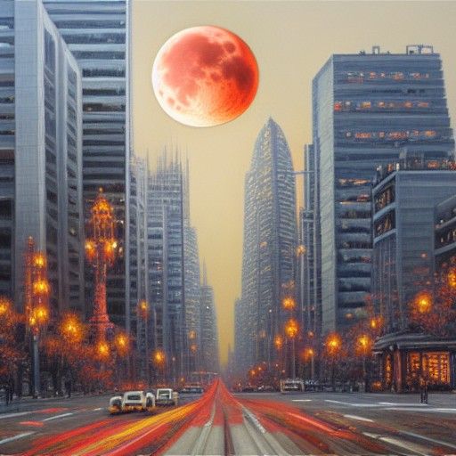 City Under Blood Moon as Oil Painting