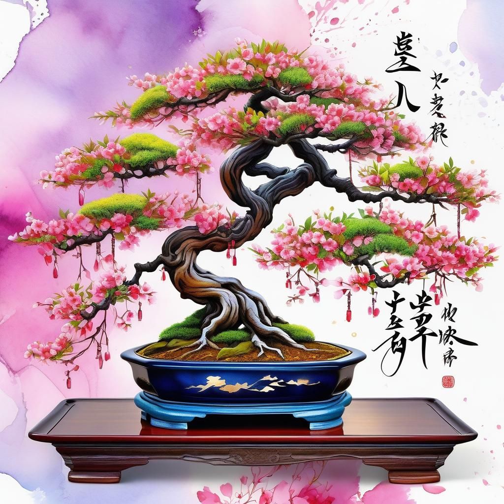 Sakura Bonsai in Watercolor Calligraphy Style